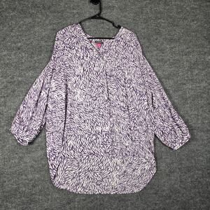 Vince Camuto 2X Purple White Abstract Print Blouse Split Neck Tunic